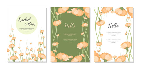 Set of card with pink and orange flowers. Wedding invite, invitation. Vector decorative greeting card or invitation design template set. Pastel, crayon colours.