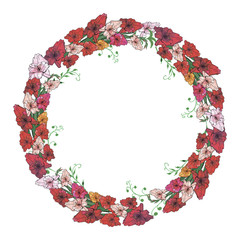 Round frame with beautiful flowers of the gladiolus, one branch of gladiolus . Festive floral circle for your season design