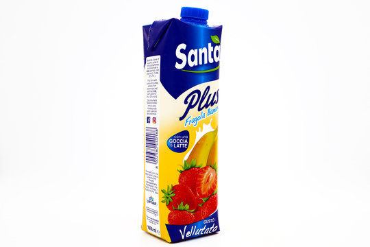 Italy – December 18, 2019: Santal Plus Strawberry and Banana Juice. Santal is an Italian brand of juices and nectars product by Parmalat of Lactalis Group