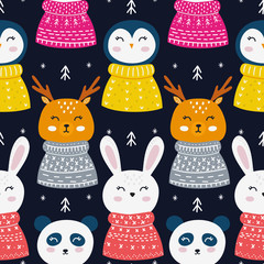 Animals in knitted pullovers.Nursery pattern illustration.
