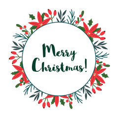 Merry Christmas greeting, wreath with winter florals..