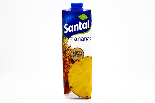 Italy – December 18, 2019: Santal Pineapple Juice. Santal is an Italian brand of juices and nectars product by Parmalat of Lactalis Group