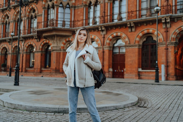 Portrait of Charming Young Blonde Girl, Fashion Street Style