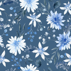 Watercolor seamless pattern with black and blue plants