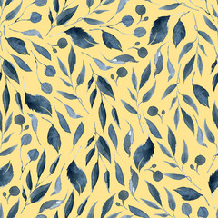Watercolor seamless pattern with black and blue plants