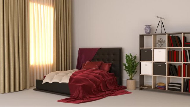 Sunrise and sunset in the bed room with kingsize bed, bookshelf, vase, gift box, red pillow, blanket and plant. 4k Animation UHD FullHd HD 3d render