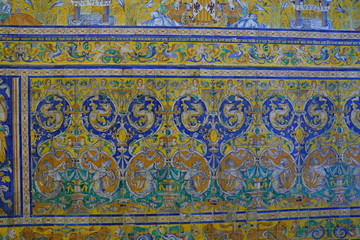 Detail of traditional tiles on facade in Seville Spain