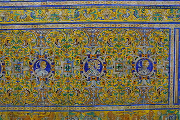 Detail of traditional tiles on facade in Seville Spain