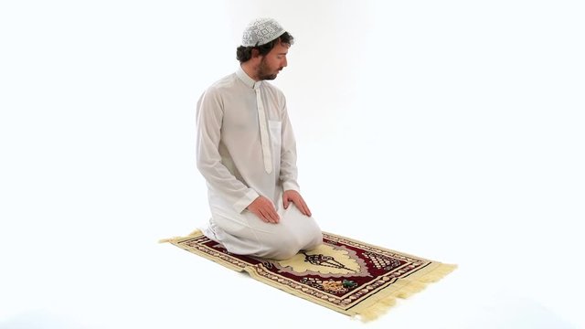 Muslim Arabian Man Praying and Sitting in Salah, White Background