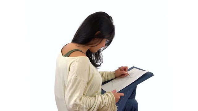 Woman Drawing Sketch with Pencil in Isolated White Background Studio