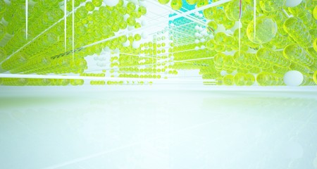 Abstract white interior from array colored gradient glasses spheres with large window. 3D illustration and rendering.