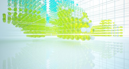 Fototapeta premium Abstract white interior from array colored gradient glasses spheres with large window. 3D illustration and rendering.