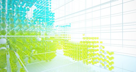 Abstract white interior from array colored gradient glasses spheres with large window. 3D illustration and rendering.