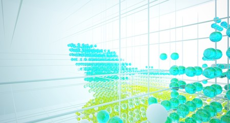 Abstract white interior from array colored gradient glasses spheres with large window. 3D illustration and rendering.