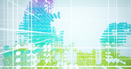 Obraz premium Abstract white interior from array colored gradient glasses spheres with large window. 3D illustration and rendering.