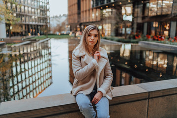 Portrait of Charming Young Blonde Girl, Fashion Street Style