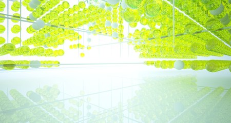 Abstract white interior from array colored gradient glasses spheres with large window. 3D illustration and rendering.