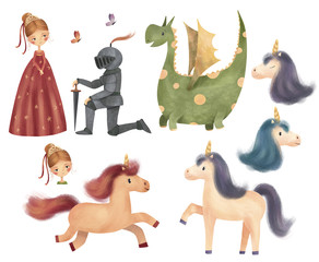 Set of cute characters - princess, knight, dragon, unicorn and butterfly. Hand drawn illustration. © Daria Pneva