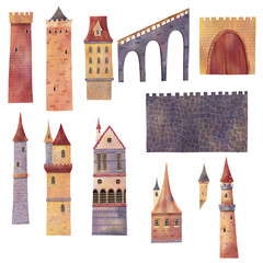 Set of medieval towers, castles, bridge and walls. Hand drawn illustration.