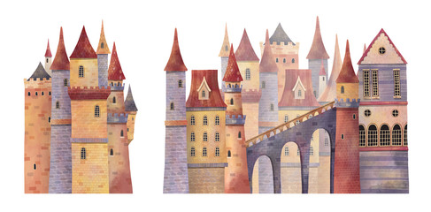 Set of medieval castles with towers and bridge. Hand drawn illustration.