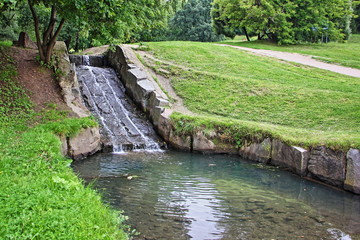 Moscow Waterfall in Park Kolomenskoe on summer day
