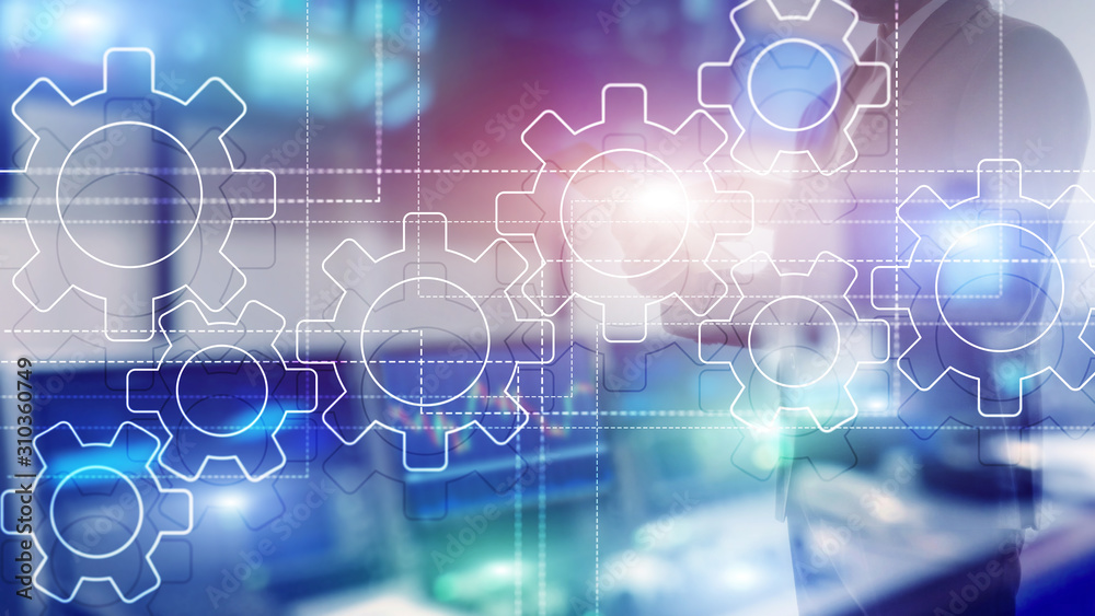 Sticker gears mechanism, digital transformation, data integration and digital technology concept.