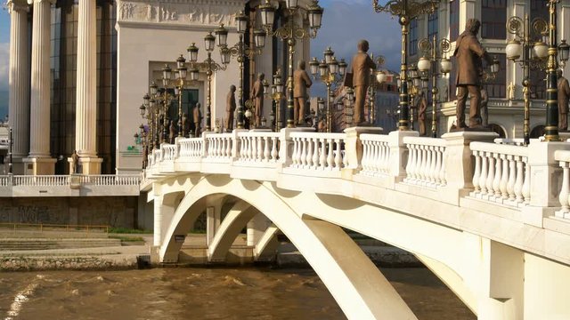 Macedonian council building parliament, courtyard bridge, Vardar River, Skopje, Macedonia