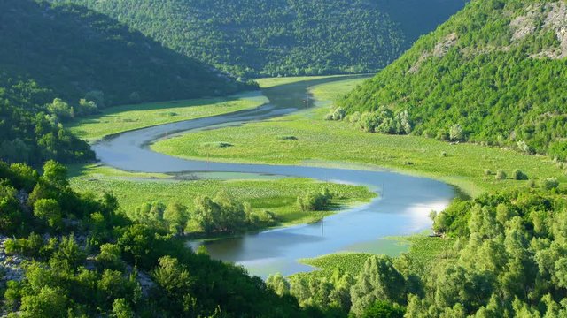 Skadar lake river curved on valley, virpazar national park, Montenegro