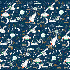 Space, large set of elements, dark blue background, seamless pattern, vector