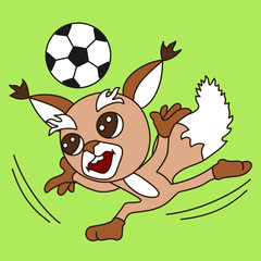 cool squirrel soccer player runs across the field and bounces a football ball with his head, color vector clip art on green isolated background