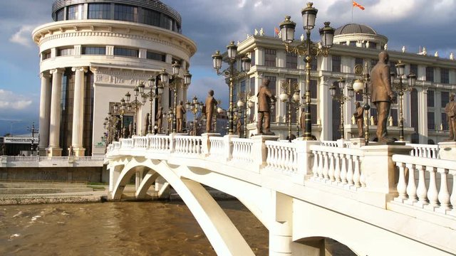 Macedonian council building parliament, courtyard bridge, Vardar River, Skopje, Macedonia
