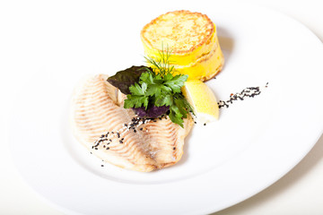Steamed white fish with  baked pudding
