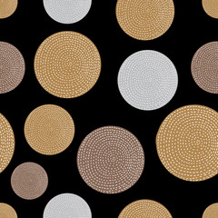 Decorative abstract polka dots in the style of the 60s.. Gold polka dot vector seamless pattern. Can be used in textile industry, paper, background, scrapbooking.