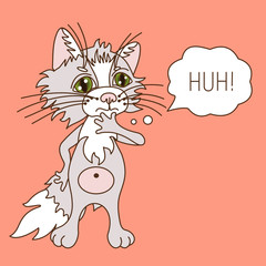 Emoticon with a cool cat, who stands with a puzzled and unhappy look and thinks hoh, color clip art on a beige isolated background