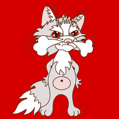 emoticon with a angry cat with red eyes, and standing hands on hips, color vector clip art on red isolated background