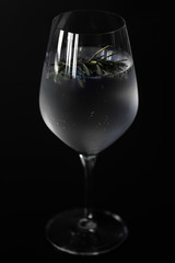 Closeup of a Wine glass with ice cold Gin Tonic with a twig of rosemary for the flavor, isolated before a black background.