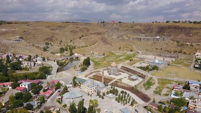 Kars old city town view with historic mosques, castle, Turkey