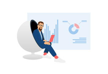 Business coacher with laptop in a spherical chair. Male business trainer with charts and graphs on background