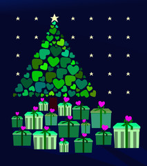 Gifts box of love Christmas tree clip art, Seasons greetings for  card banner poster artwork. December month festive time. Stars in the blue night background. Green hearts for tree. Green presents.