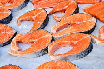 Fresh salmon fillet for sale at a market in Naples, Italy