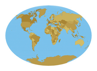 World Map. Fahey pseudocylindrical projection. Map of the world with meridians on blue background. Vector illustration.