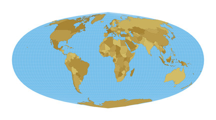 World Map. Foucaut's sinusoidal projection. Map of the world with meridians on blue background. Vector illustration.