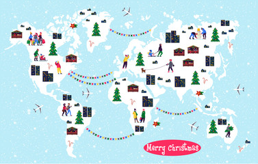 Christmas World Map with festive teenagers with shopping bags , adults with kids.