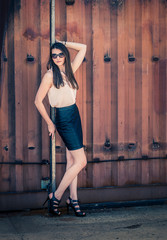 Sexy standing woman with sunglasses in black skirt and heels posing on metal pole, grunge effect