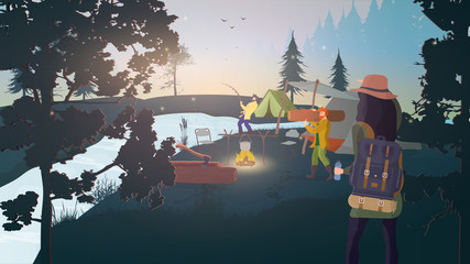 Forest Camp. Rest in the forest with tents. Food at the stake, fishing, fisherman, lumberjack, tents. Dawn in the forest with a river. Camping concept. Vector illustration.