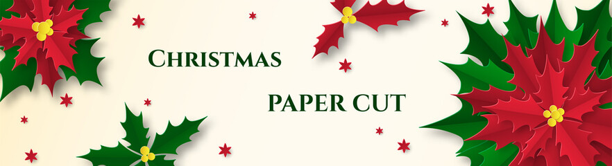 Horizontal banner with red poinsettia. Design for advertising and social networks. Place for text. Paper cut.