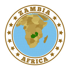 Zambia logo. Round badge of country with map of Zambia in world context. Country sticker stamp with globe map and round text. Vector illustration.