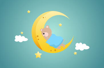 Sweet dream and Good night concept Background. Teddy bear is sleeping on the moon. Space for your text.