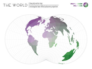 World map in polygonal style. Rectangular (War Office) polyconic projection of the world. Purple Green colored polygons. Trending vector illustration.