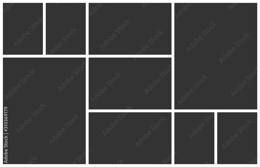 Fototapete Collage template for photo montage. Empty 9 frames layout for insert an images. Vector photo collage mockup frame of nine parts.